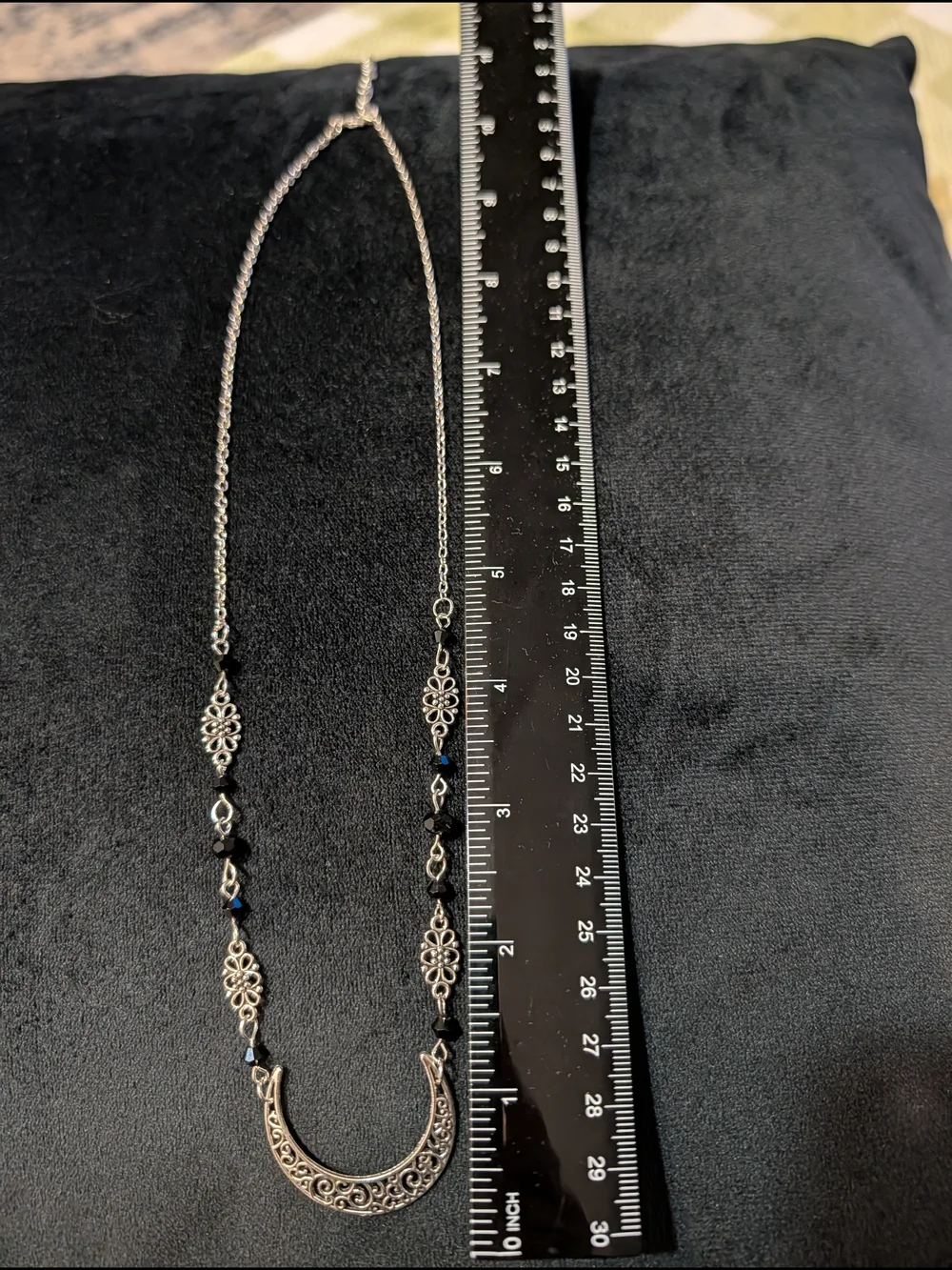 Silver Tone Filigree Crescent Pendant Necklace with Black Accents